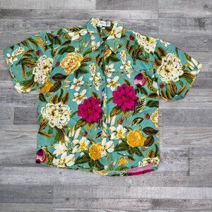 Beroluci NWT Blue Floral Washable Silk Button Down Short Sleeve Top Q12